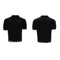 Men's black slim-fit knitted polo shirt with diagonal zipper and lapel collar