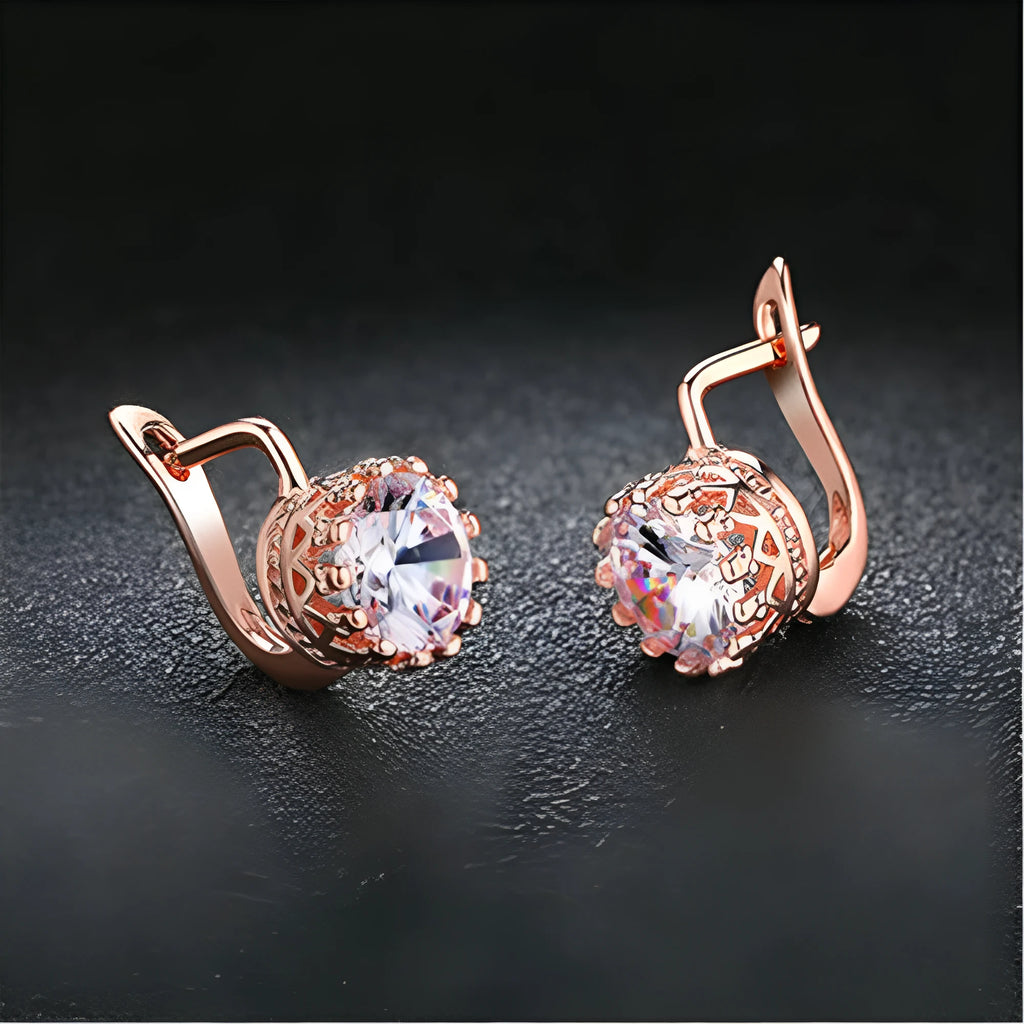 Korean retro crown-shaped clip earrings with white diamond details in rose gold colour