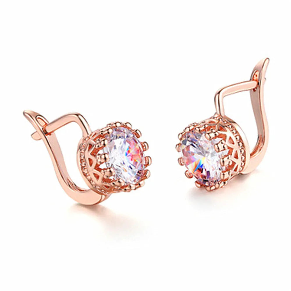 Korean retro crown-shaped clip earrings with white diamond details in rose gold colour