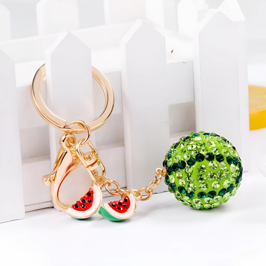 Green zinc alloy watermelon keychain with diamond detailing, 12cm size with metal ring