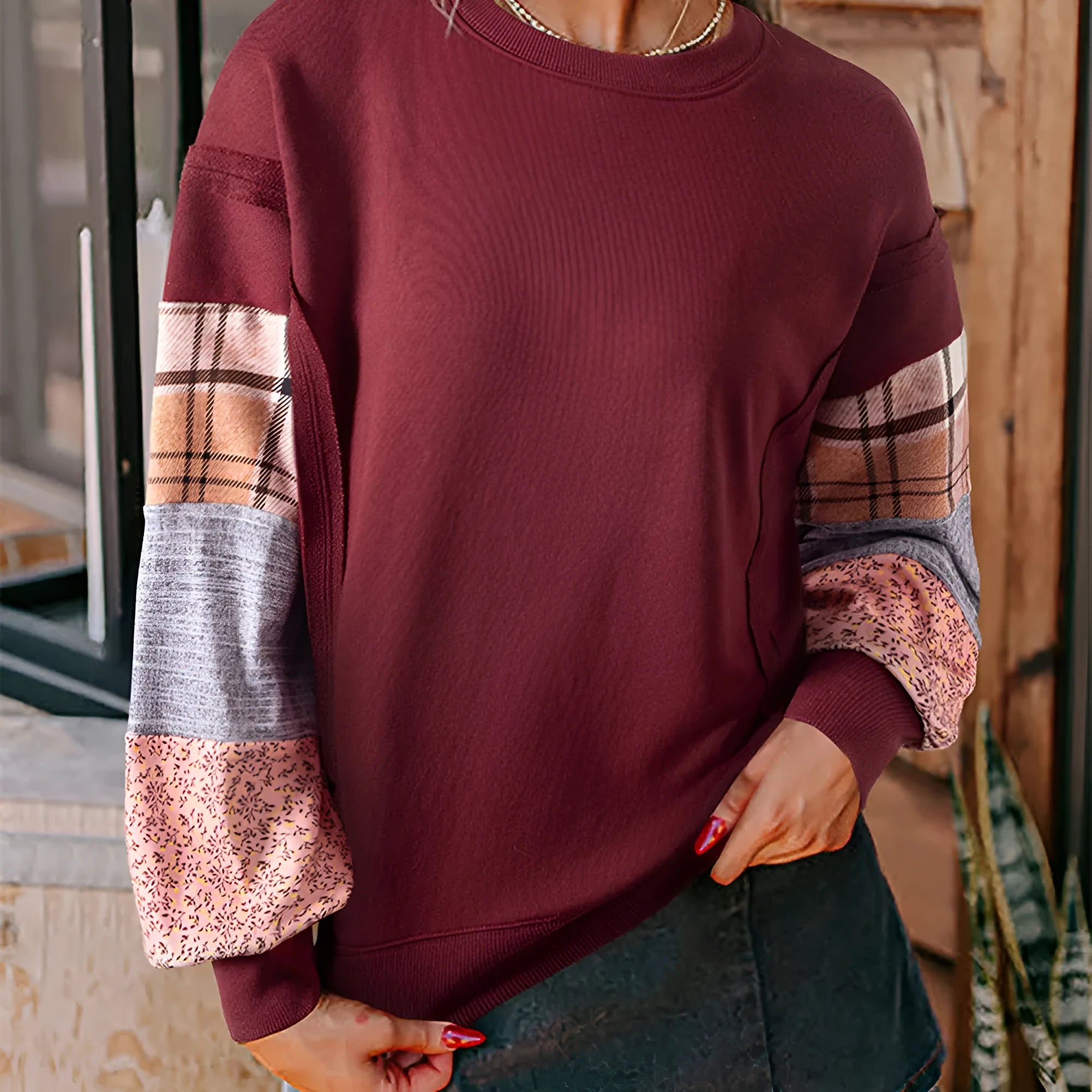 Women's apricot and red plaid stitch long sleeve loose fit casual pullover top