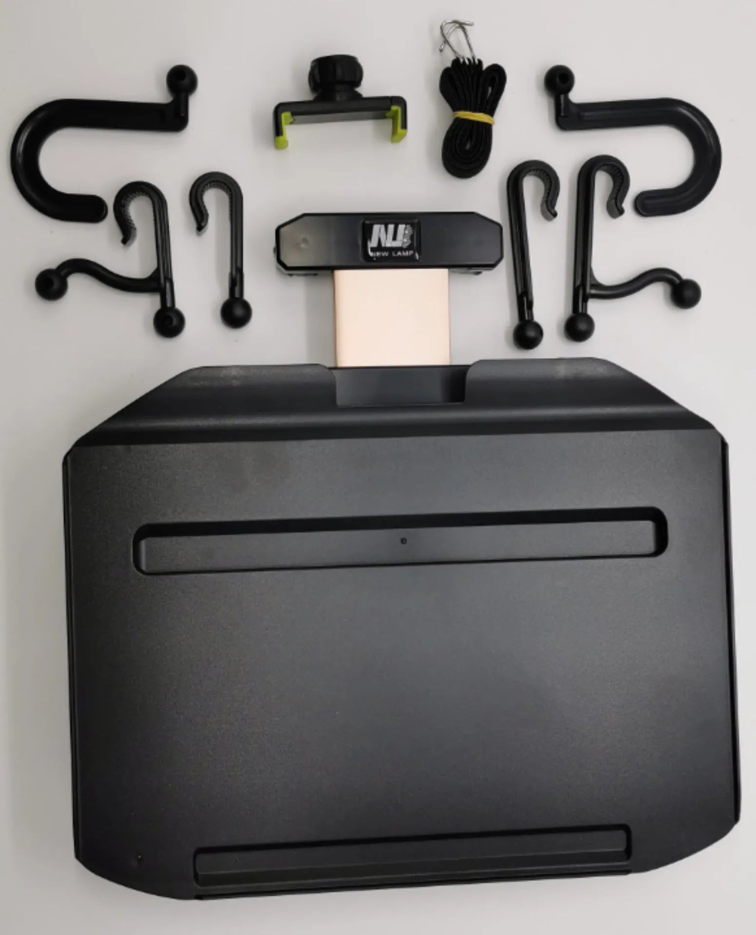 Child car study desk in ABS plastic with laptop holder, two removable trays, and phone holder, black colour