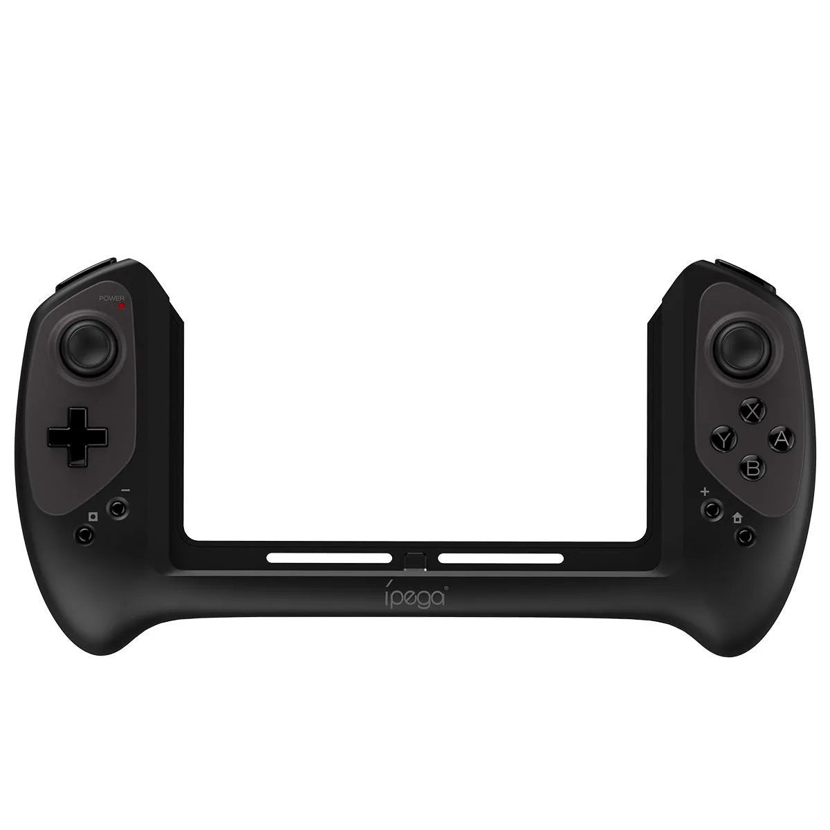 Black wireless gamepad for Nintendo Switch showing ergonomic curved grips and textured joysticks