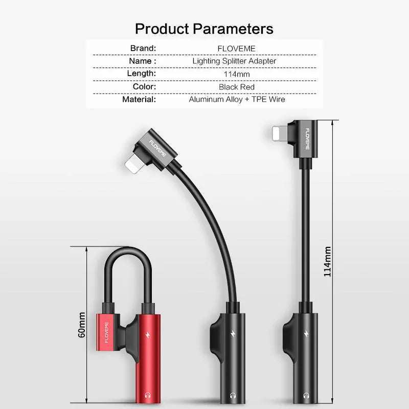 Lightning audio charging adapter in anodised aluminium alloy, 5V1A, black, with dual Lightning ports for charging and earphones