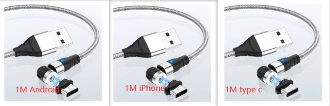 Black magnetic charging cable with LED diamond lamp, showing Android and Type-C magnetic connectors.