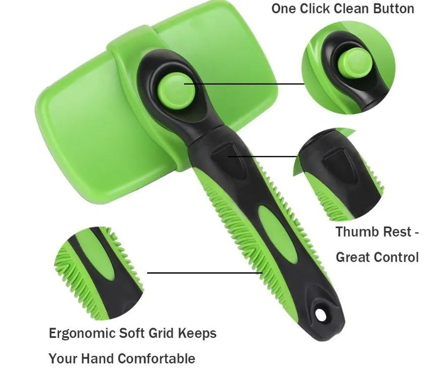 Pet self-cleaning slicker brush with stainless steel needles and TPR handle, green colour
