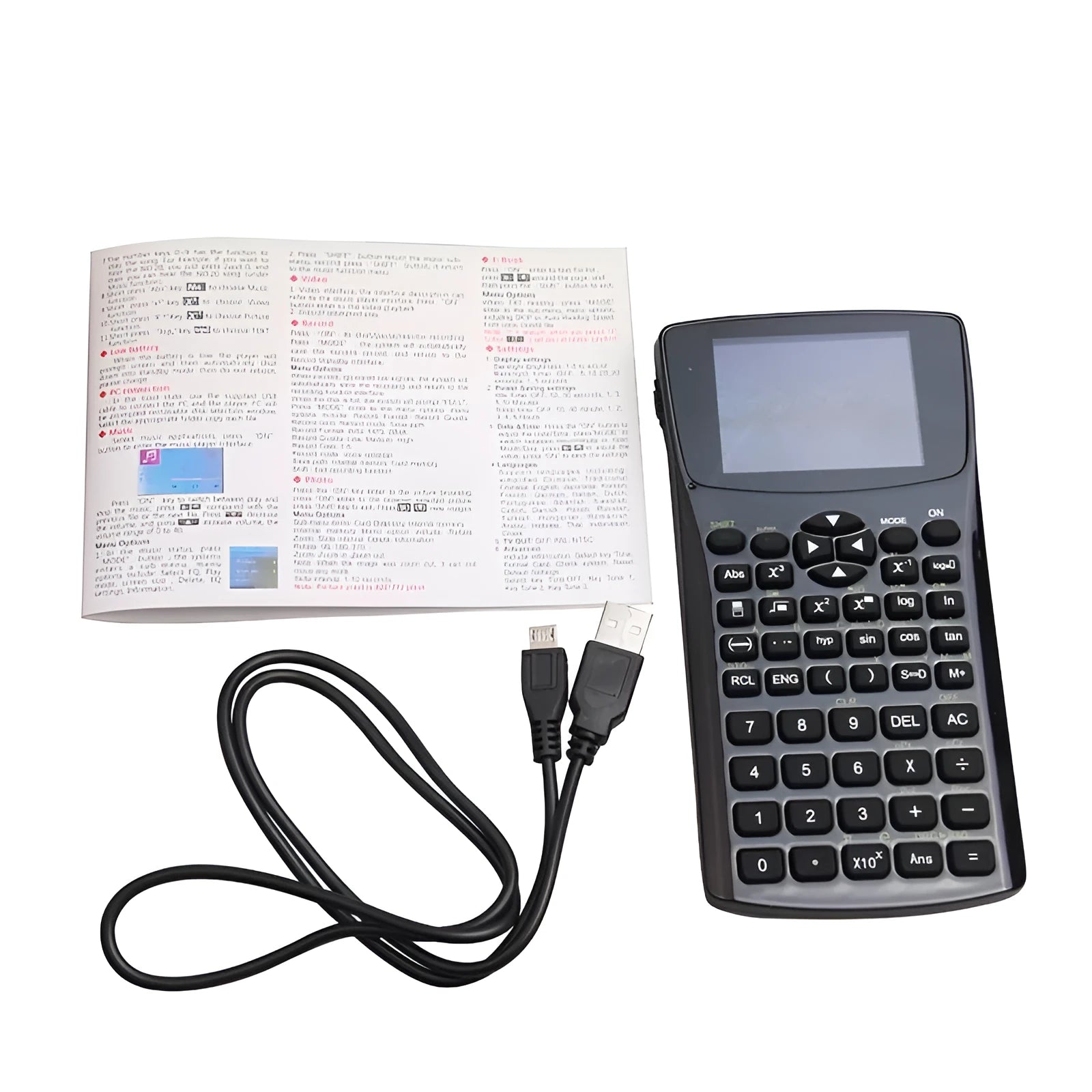 Black multifunction e-book reader with a 2.8cm screen and an adjustable strap, showing language selection menu.