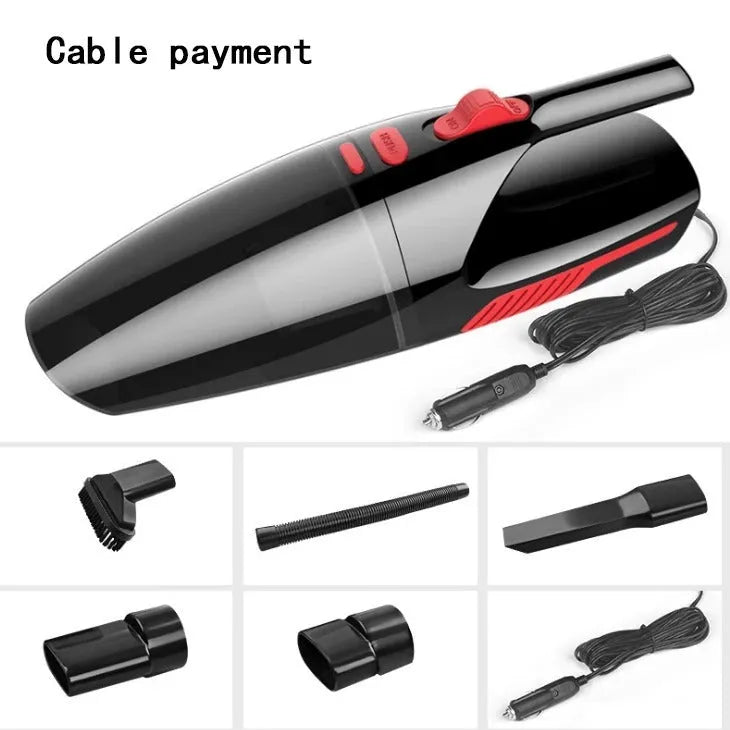 Black handheld 120W wet dry car vacuum cleaner with long nozzle and brush on car seat