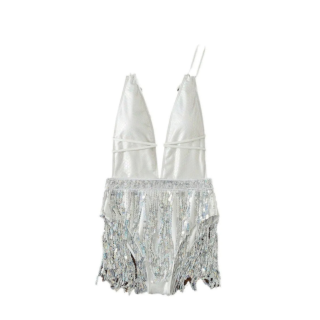 White deep V-neck one-piece swimsuit with tassel detailing on mannequin