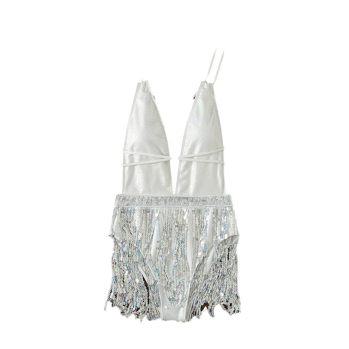 White deep V-neck one-piece swimsuit with tassel detailing on mannequin