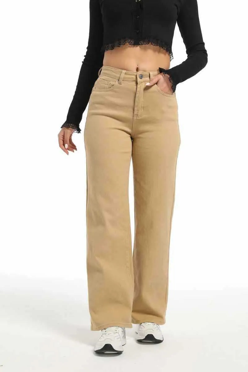 Women's high-waist straight-leg wide jeans in apricot colour, laid flat