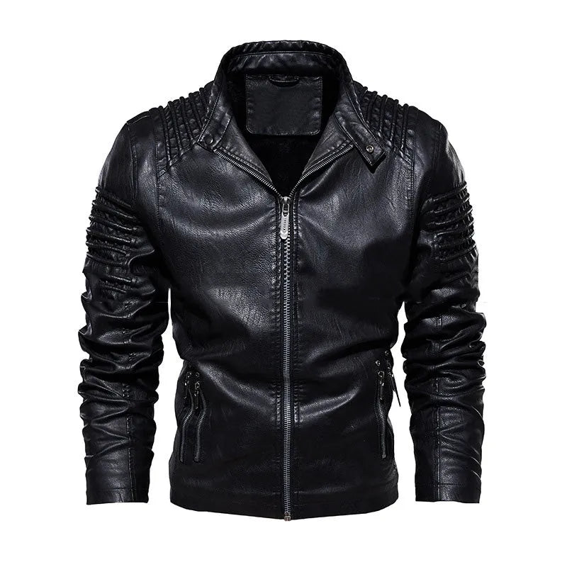 Men's PU leather biker jacket with stand collar, zipper front, and zipper pockets in black