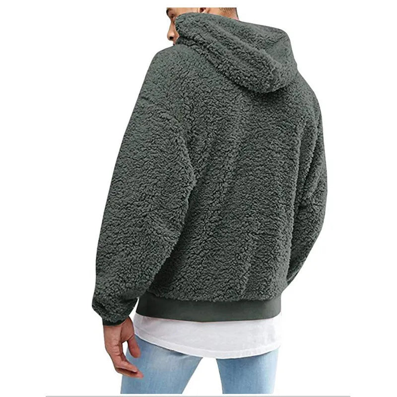 Men's fleece hooded pullover sweatshirt in black, long sleeves, hood, casual winter design