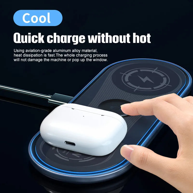 Flat 3-in-1 wireless charger 15W with ambient light in Black, charging a smartphone and earbuds on a desk