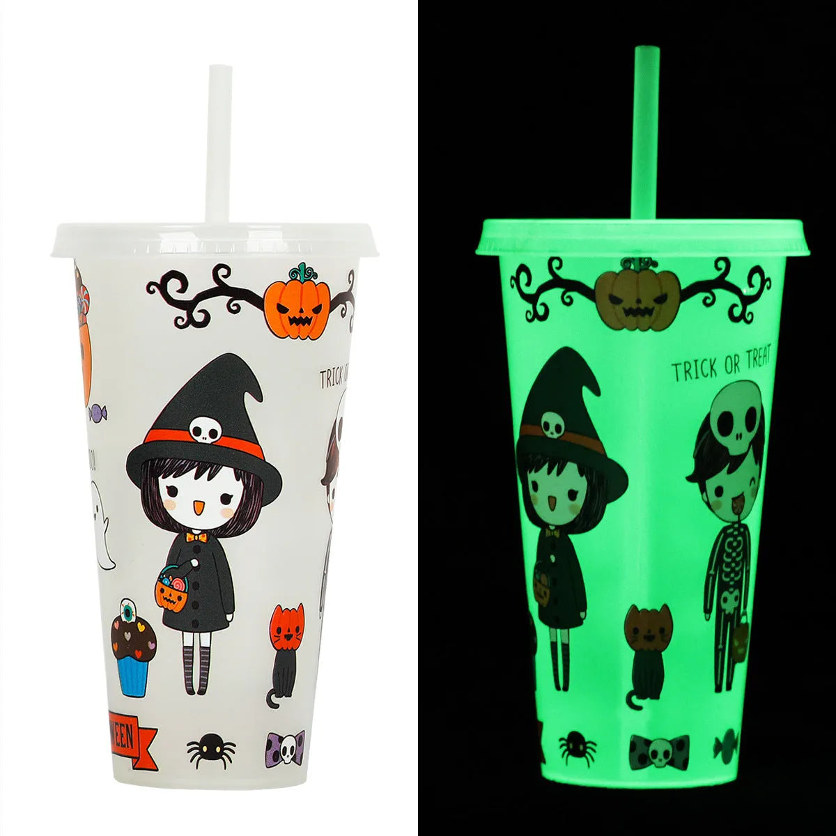 720ml Halloween luminous plastic straw cup with drinking straw in cylindrical design