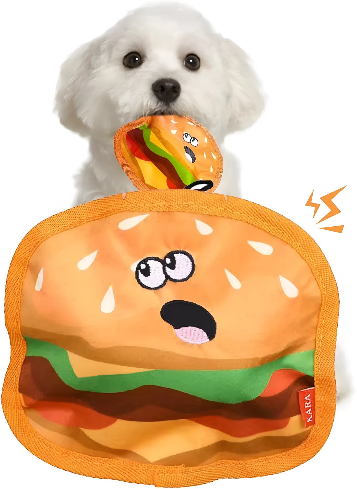 Colourful hamburger, fries, hot dog, and pizza shaped dog chew toys with crinkle and squeak features