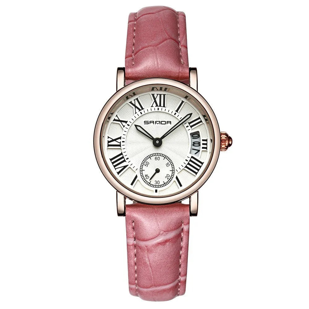 Women's waterproof quartz watch with round 32mm dial, leather strap, and onion crown