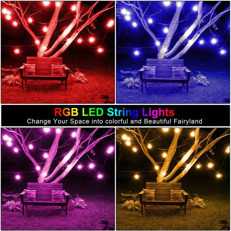 15m RGBW LED string lights with 15 Edison bulbs for outdoor garden patio use