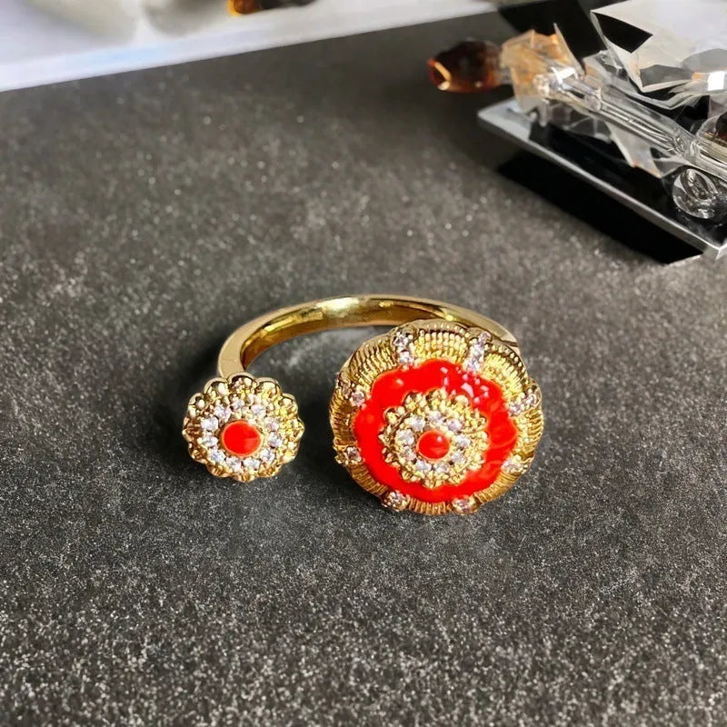 Adjustable gourd vintage ring with oil dripping finish in New Chinese style showing bow-shaped elements and zircon details