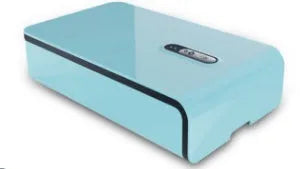 Blue UV phone sterilizer disinfection machine with open lid showing interior chamber