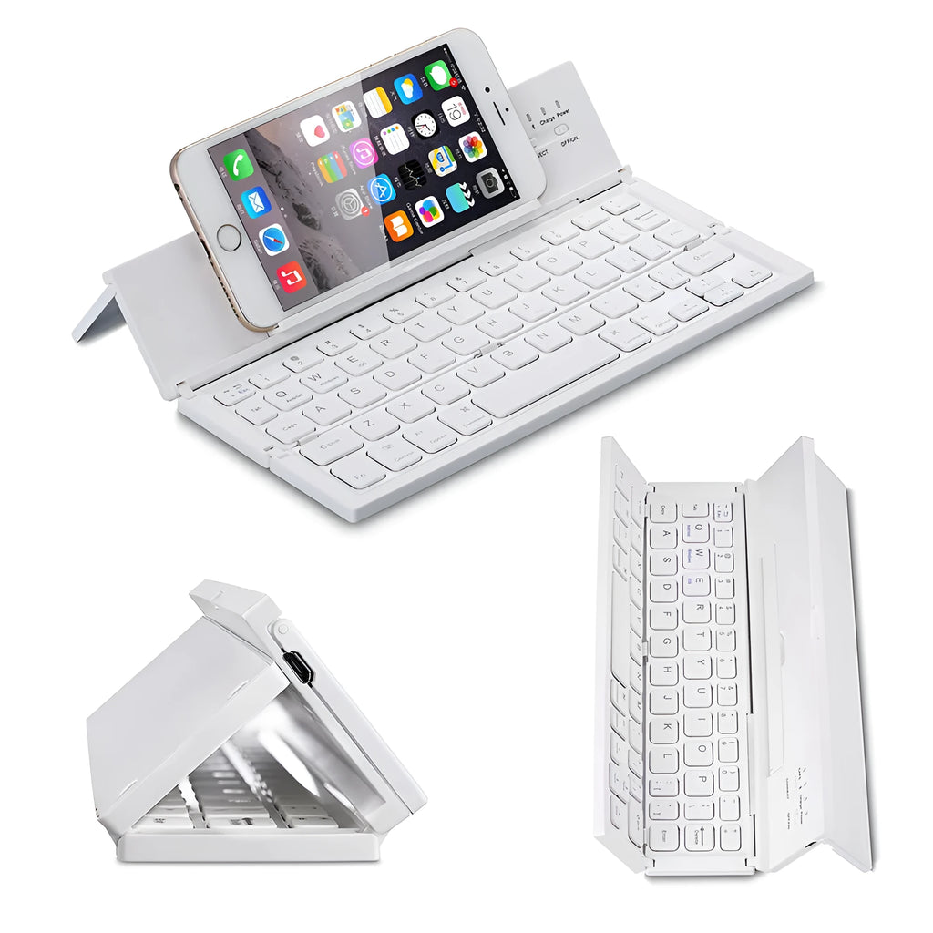 Black folding wireless Bluetooth keyboard for tablets showing compact 5.8-inch design with aluminium bottom and numeric keypad
