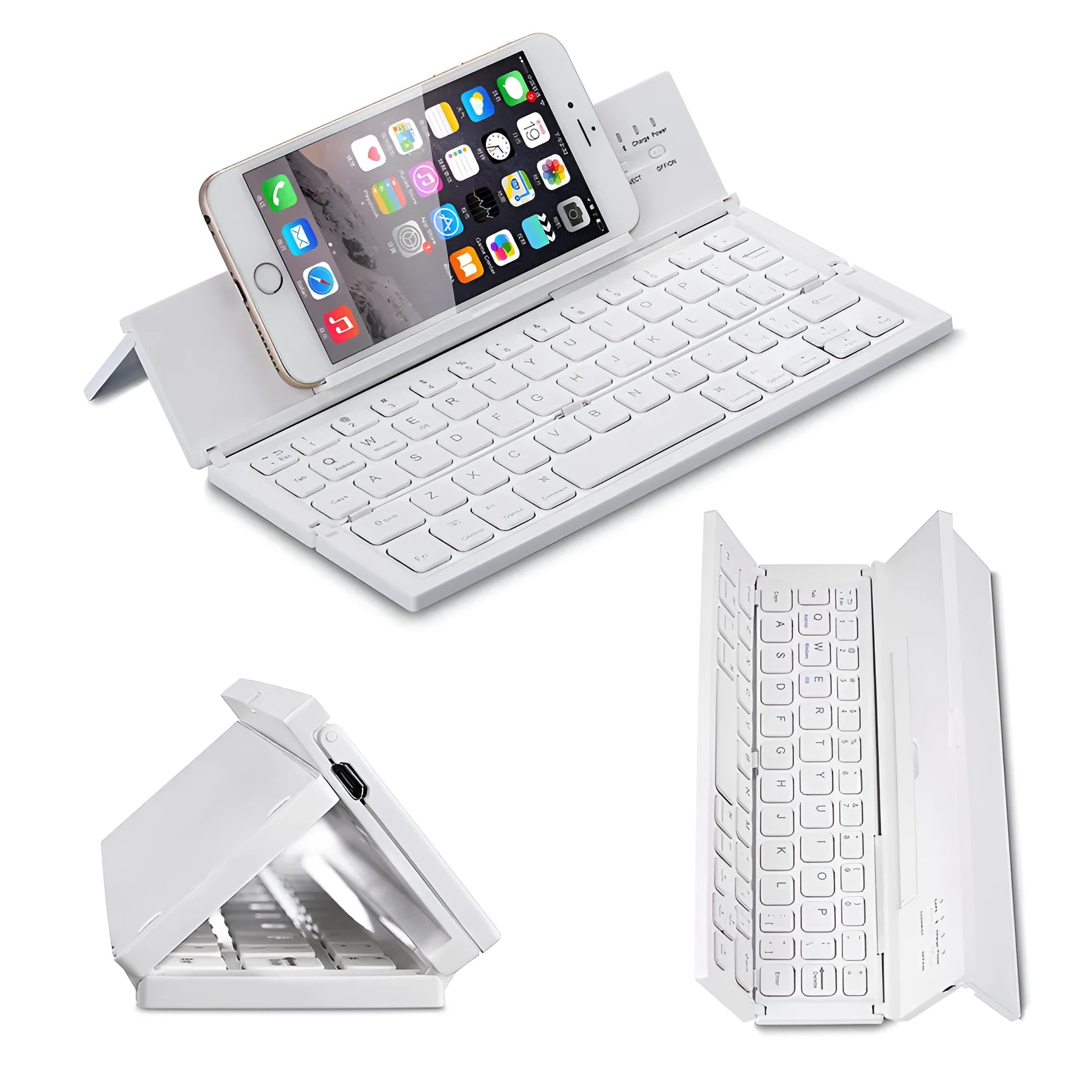 Black folding wireless Bluetooth keyboard for tablets showing compact 5.8-inch design with aluminium bottom and numeric keypad