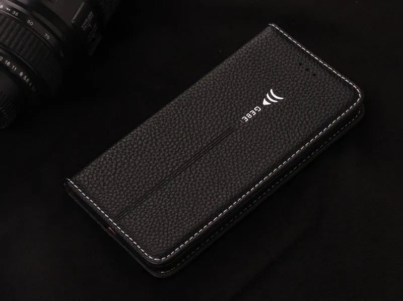 Brown PU leather wallet phone case for iPhone showing card slots and cash pocket.