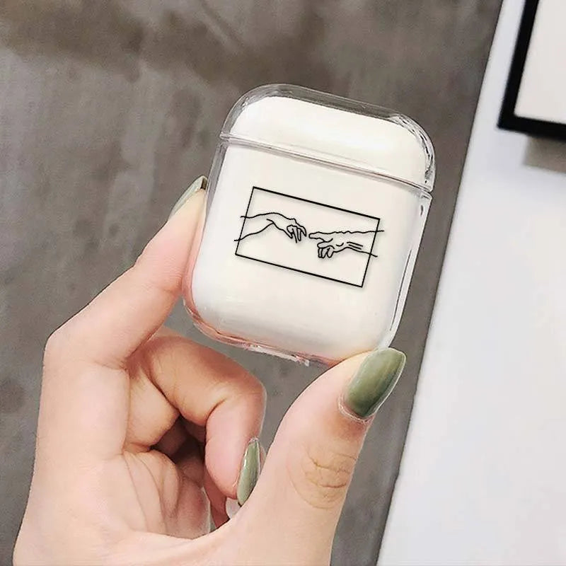 Transparent plastic AirPods protective cover case shown on Apple charging case