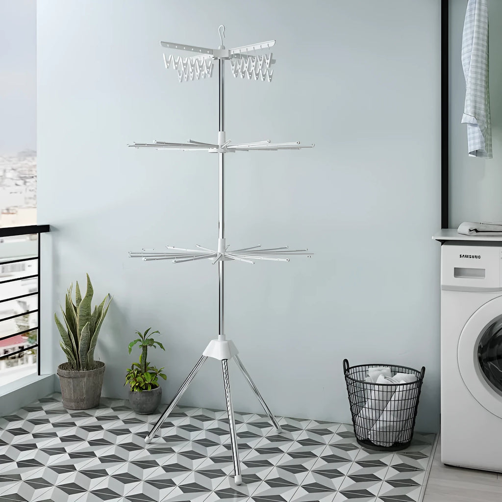 Mobile three-layer stainless steel drying rack with plastic clips for socks and ties