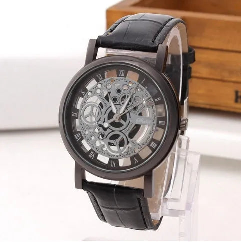 Round 40mm stainless steel fashion hollow belt quartz watch with black leather strap and buckle closure