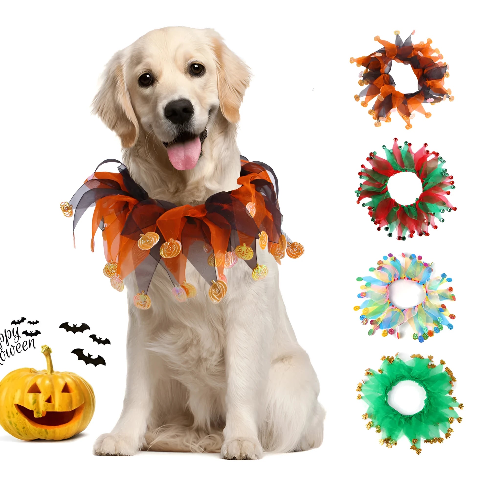 Colourful tie-dye dog collar in green, blue, Halloween, and Christmas styles on a white background.