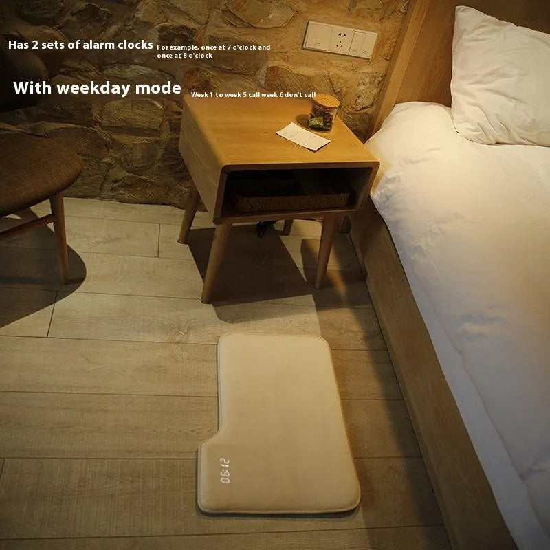 Smart carpet mat alarm clock with cloth velvet surface, 20mm thick, small or large size, dual daily alarms and stand-on deactivation