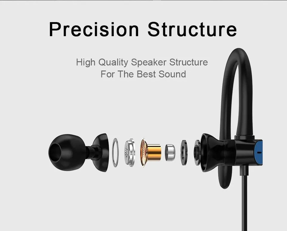 Black and blue sports earphones with flexible ear hooks and silicone gel earbuds for running and gym.