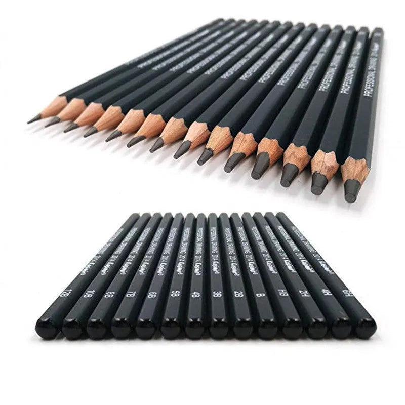 Set of 14 black graphite drawing pencils in a box, each labelled with grade from 6H to 12B, 18cm length