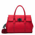 Women's lychee pattern cowhide leather handbag with crossbody strap, 31cm width, 13.5cm thickness, 22cm height, available in black colour option