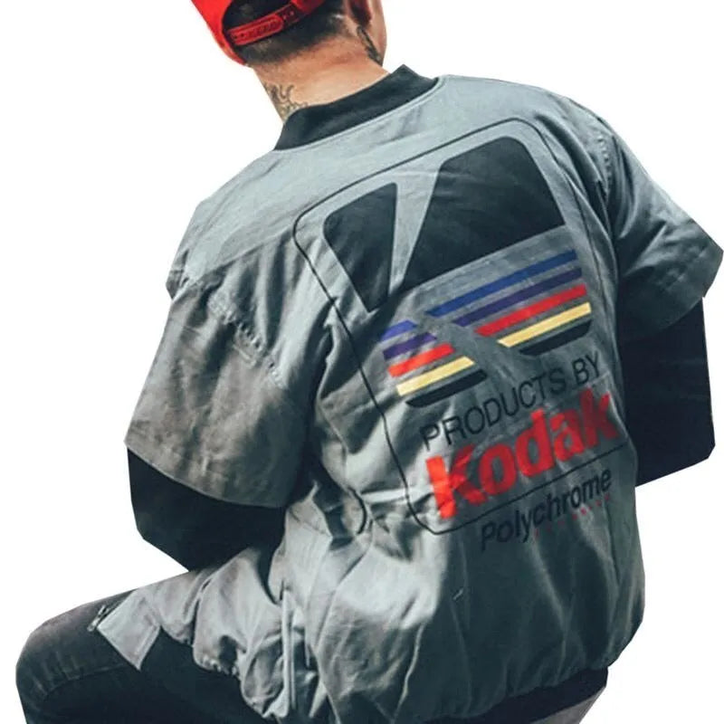 Hip hop style unisex cotton baseball jacket in grey with round neck and side slit pockets