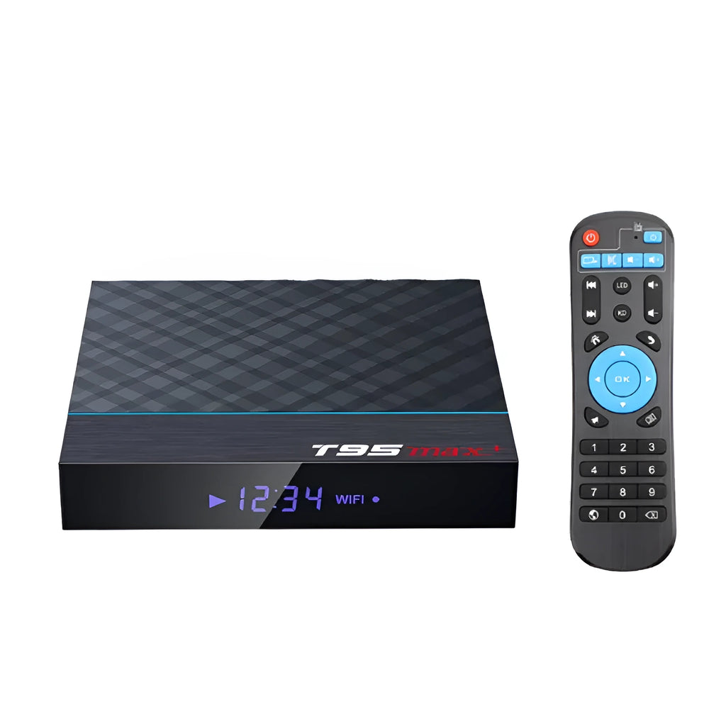 Black T95 Max Plus Android TV box unit with remote, showing UK power plug variant.