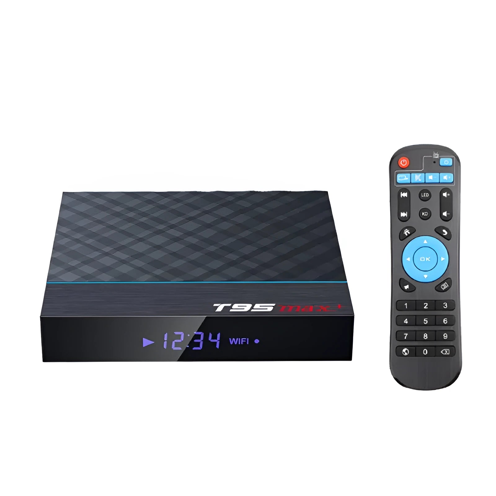 Black T95 Max Plus Android TV box unit with remote, showing UK power plug variant.