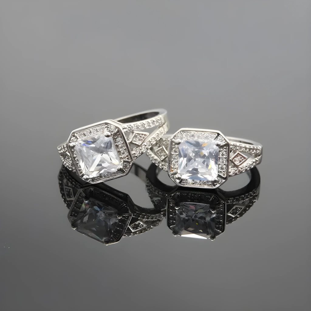Women's geometric zircon ring with hollow quadrilateral design and platinum colour finish