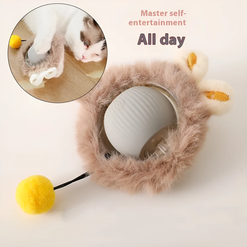 Silicone self-moving rolling ball cat toy in green, red, and grey colour options.