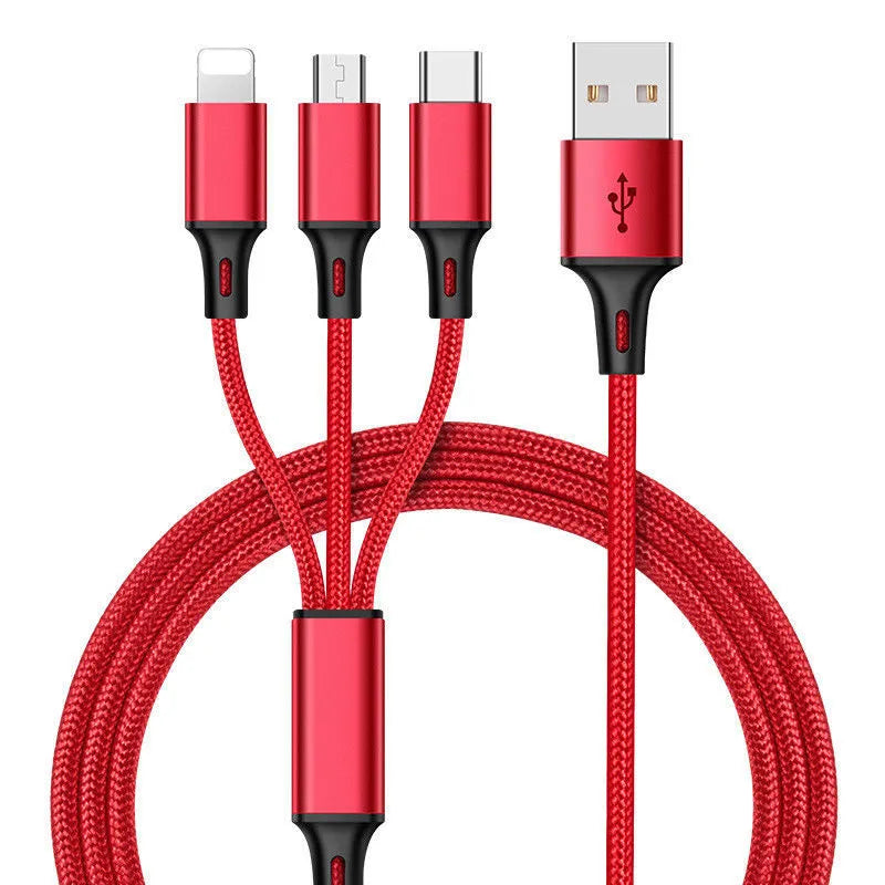 3-in-1 braided charging cable with Lightning, Micro-USB and Type-C connectors in nylon braiding