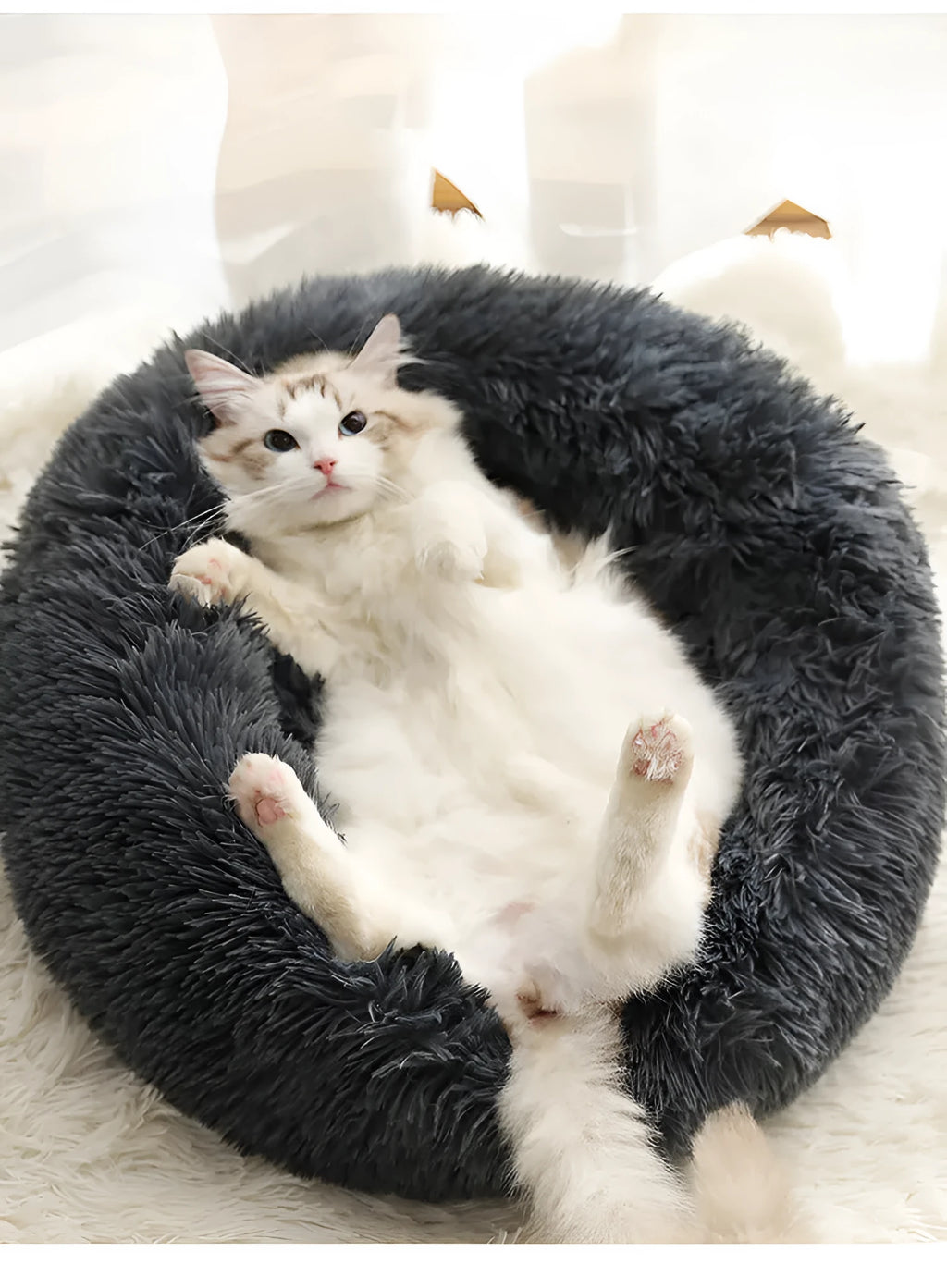 Round PV plush pet bed with raised rim in khaki colour for dogs and cats