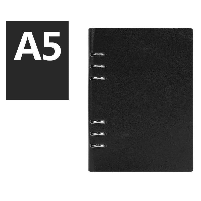 Simple business notebook with imitation leather cover showing loose-leaf binding and beige road forest paper