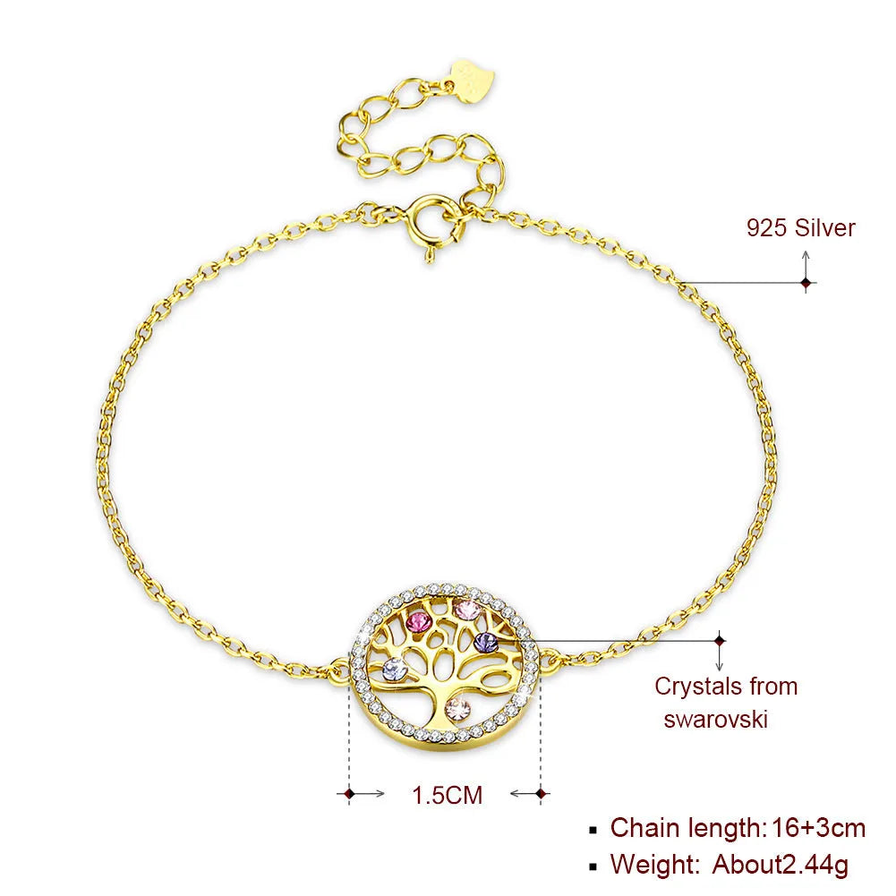 925 sterling silver crystal life tree charm bracelet on link chain with toggle clasp