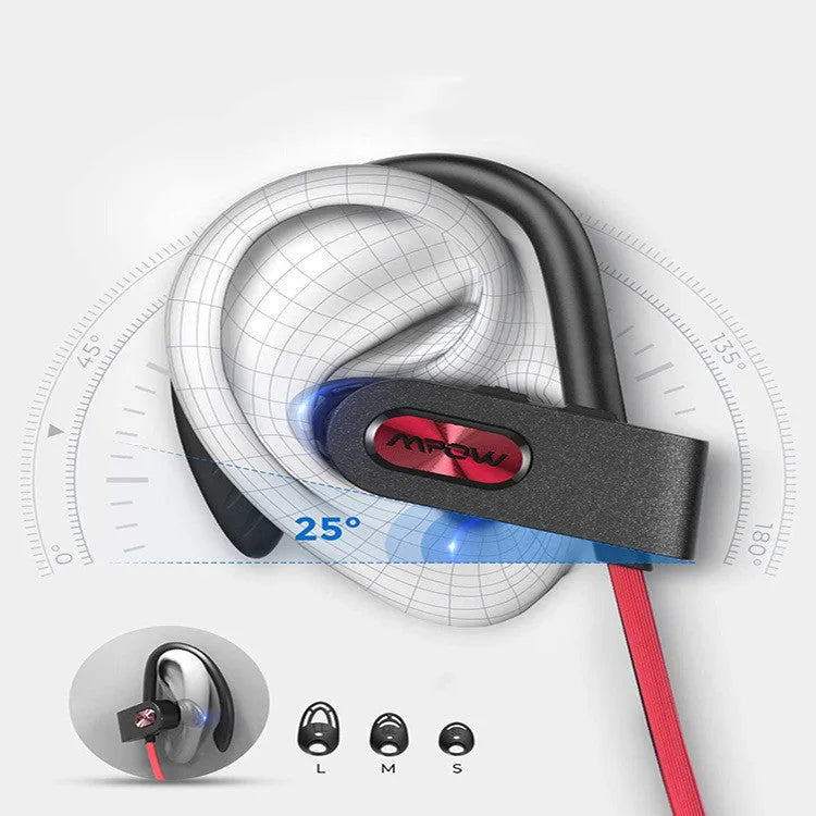 Red hanging ear Bluetooth wireless headset with bilateral stereo design