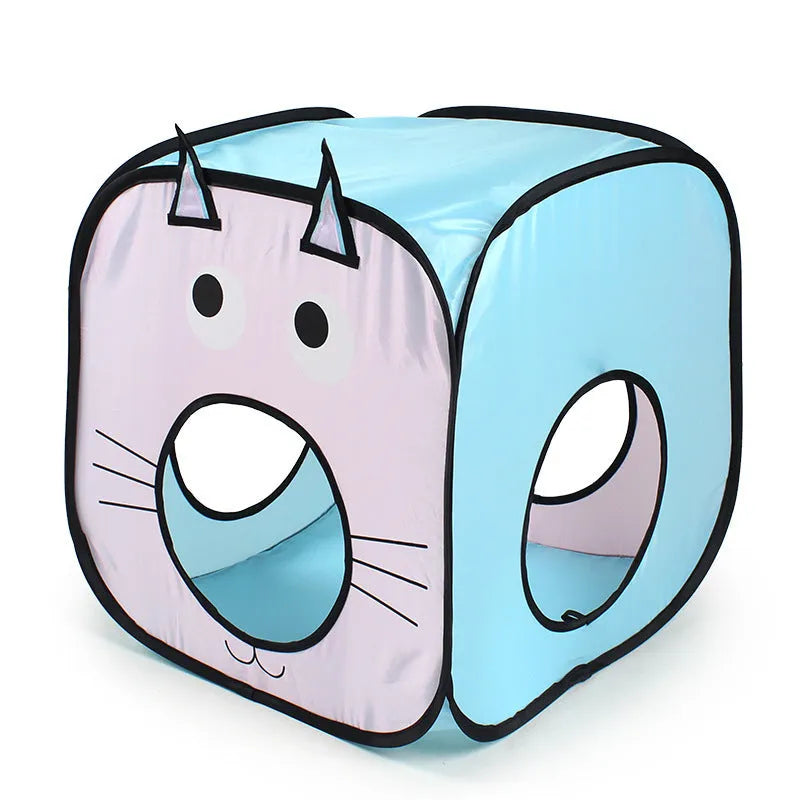 Foldable blue and white cat tent with attached fish tunnel for small pet play