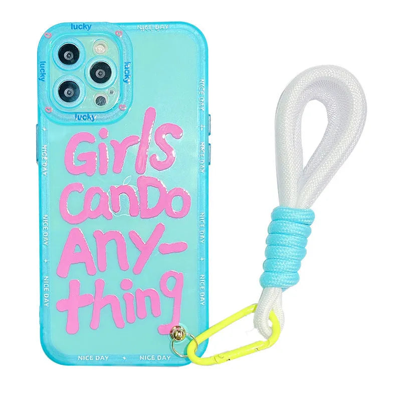 Mint green TPU phone case with painted blue-haired girl graffiti art and attached fabric lanyard for Apple iPhone.