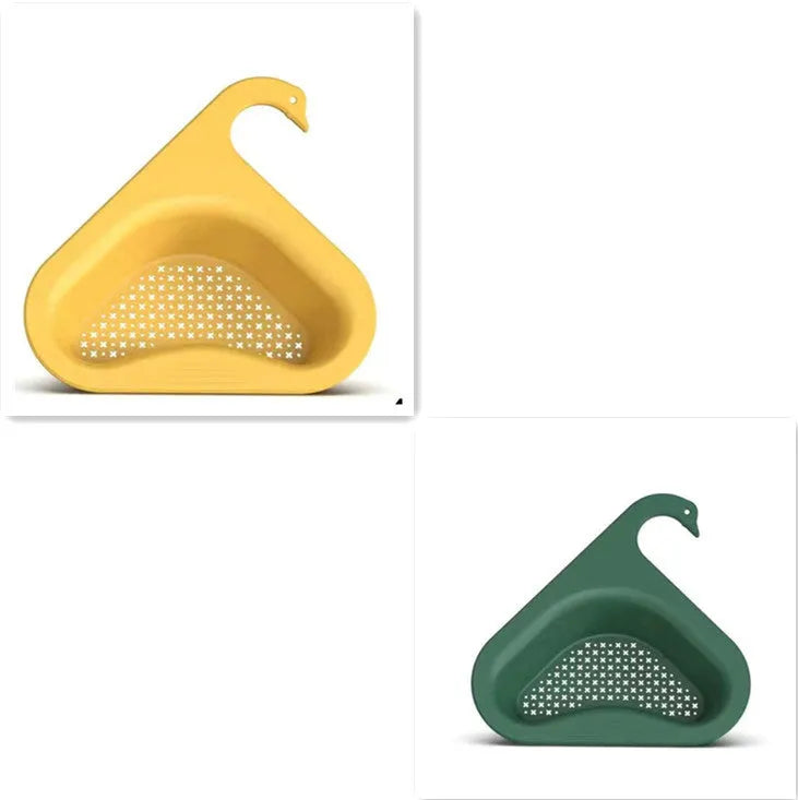 Yellow hanging swan drain basket made of plastic, fitted on a kitchen sink edge with space for vegetables and utensils