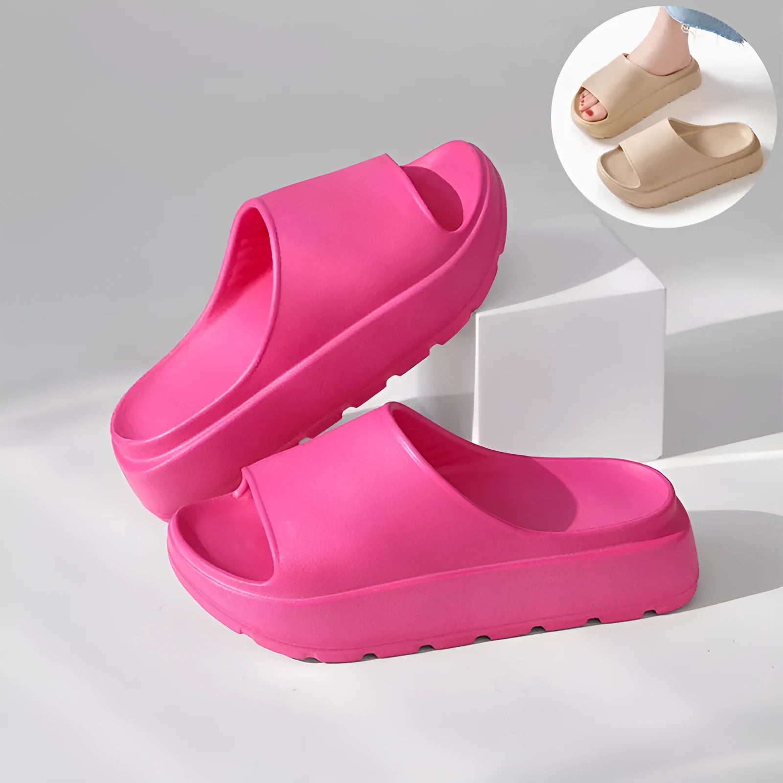 Women's fish mouth slippers with 5.5cm thick EVA sole in beige, black, khaki, or rose red.