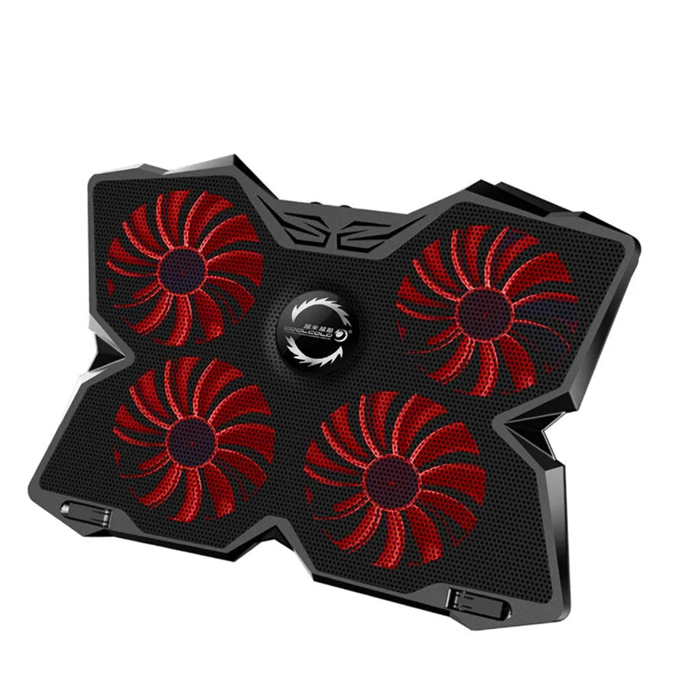 Laptop cooling base with four blue LED fans, speed switches, and USB ports on cooling pad
